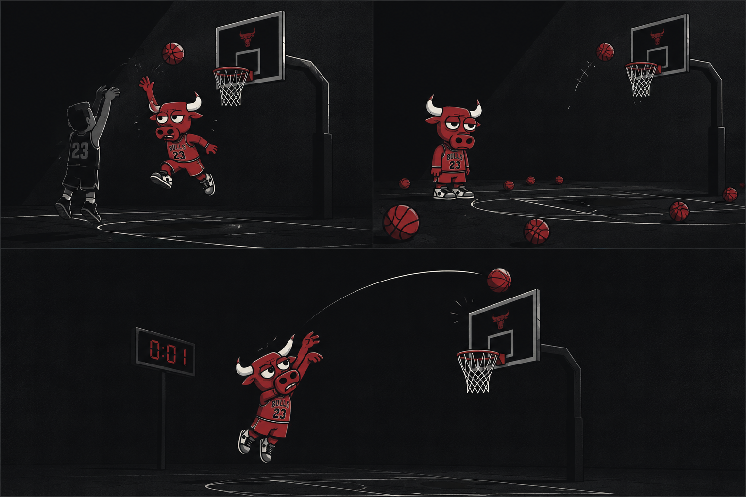 Three-panel comic: the bull gets his shot blocked, chucks up an airball, and leaps for a buzzer-beating dunk he will surely miss