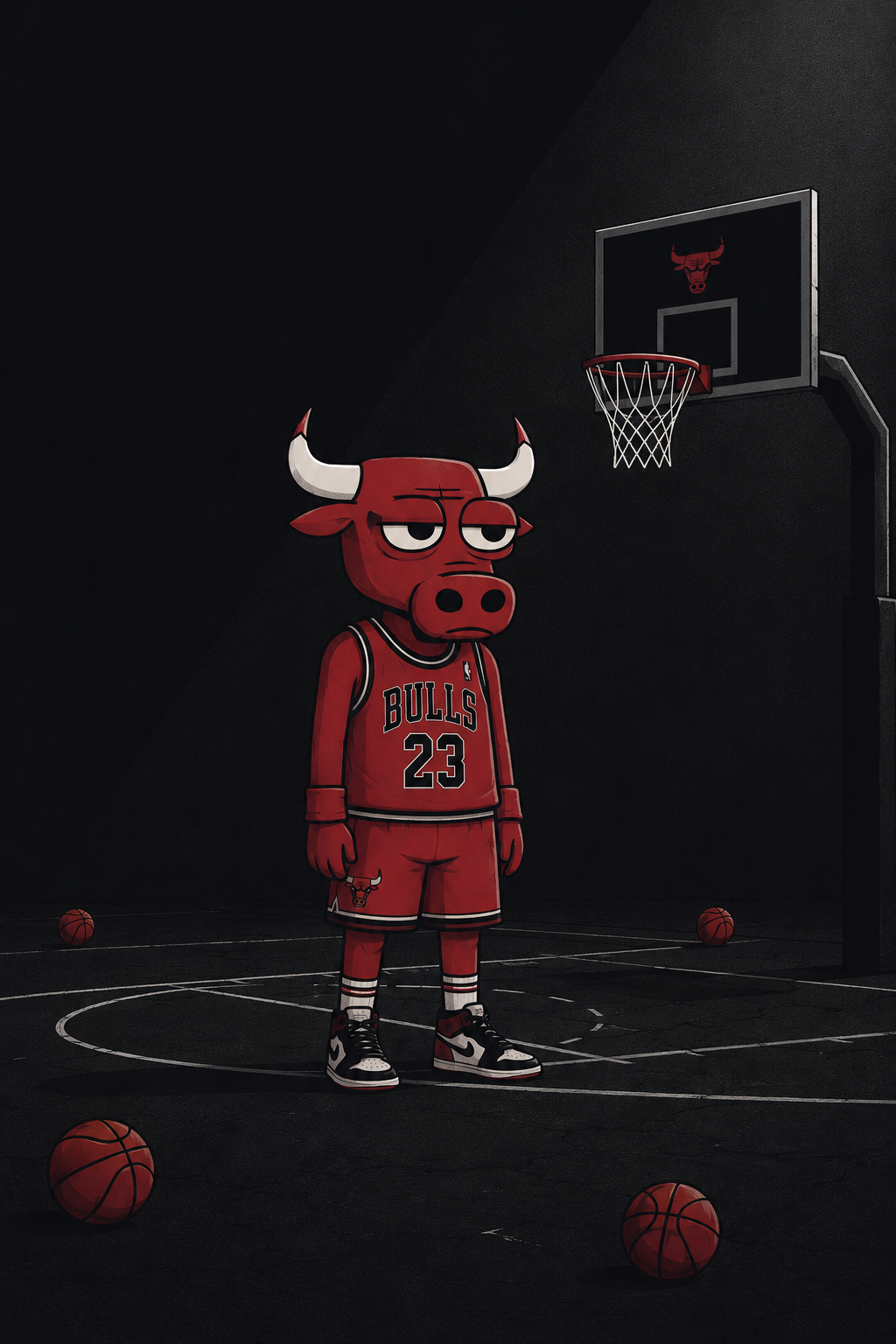The bull mascot standing in a red Bulls #23 jersey and Air Jordan sneakers on a dark court